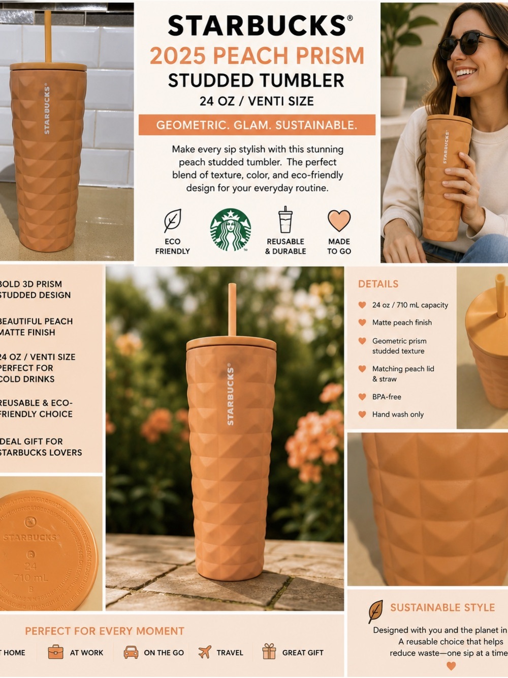 Starbucks 2025 Peach Prism Studded Tumbler 24oz Venti Matte Cup Straw Read